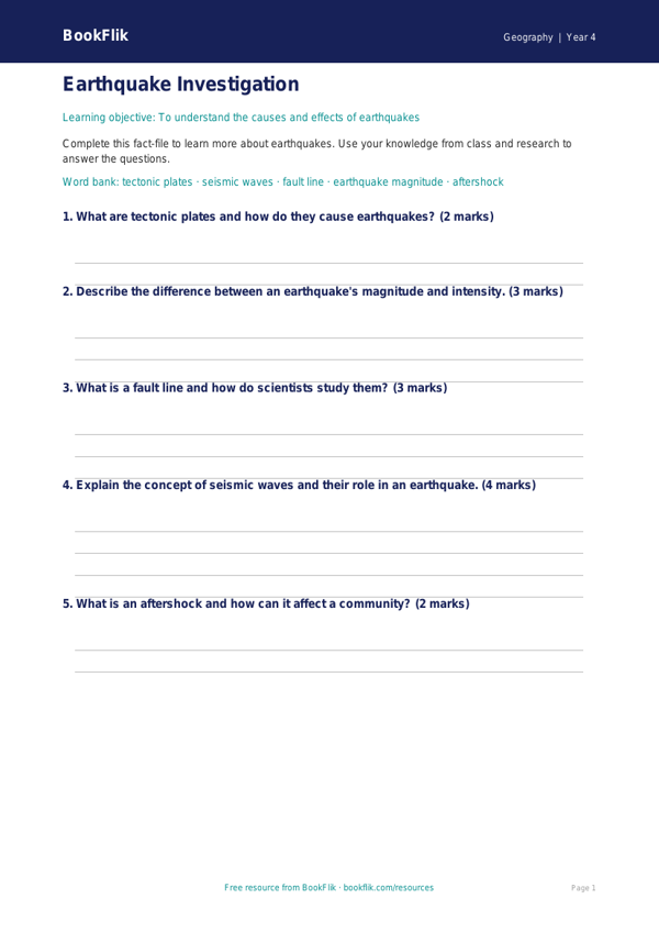 Free Earthquakes Template | Grade 3 | Geography | BookFlik worksheet preview — Geography Earthquakes