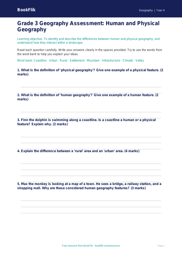 Free Human And Physical Geography Assessment | Grade 3 | Geography | BookFlik worksheet preview — Geography Human And Physical Geography