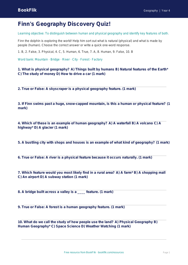 Free Human And Physical Geography Quiz | Grade 3 | Geography | BookFlik worksheet preview — Geography Human And Physical Geography