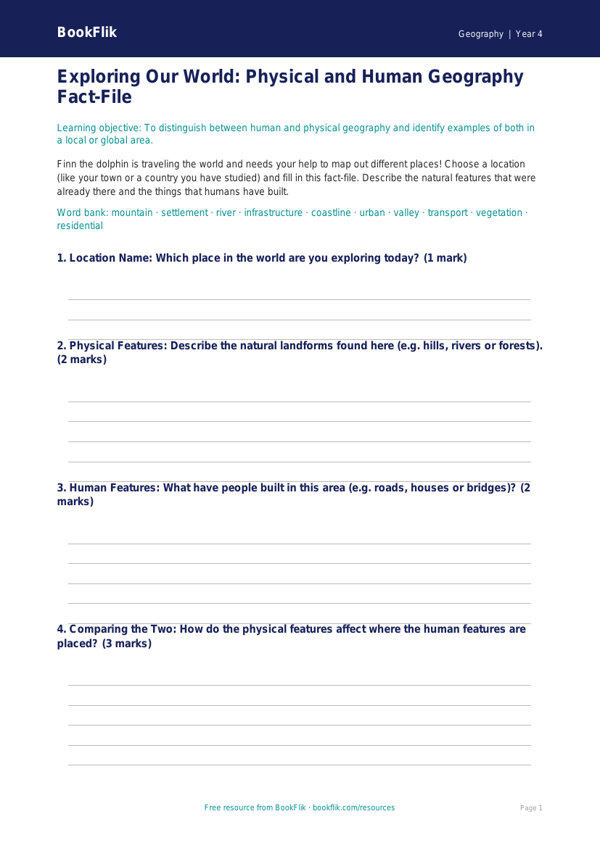 Free Human And Physical Geography Template | Grade 3 | Geography | BookFlik worksheet preview — Geography Human And Physical Geography