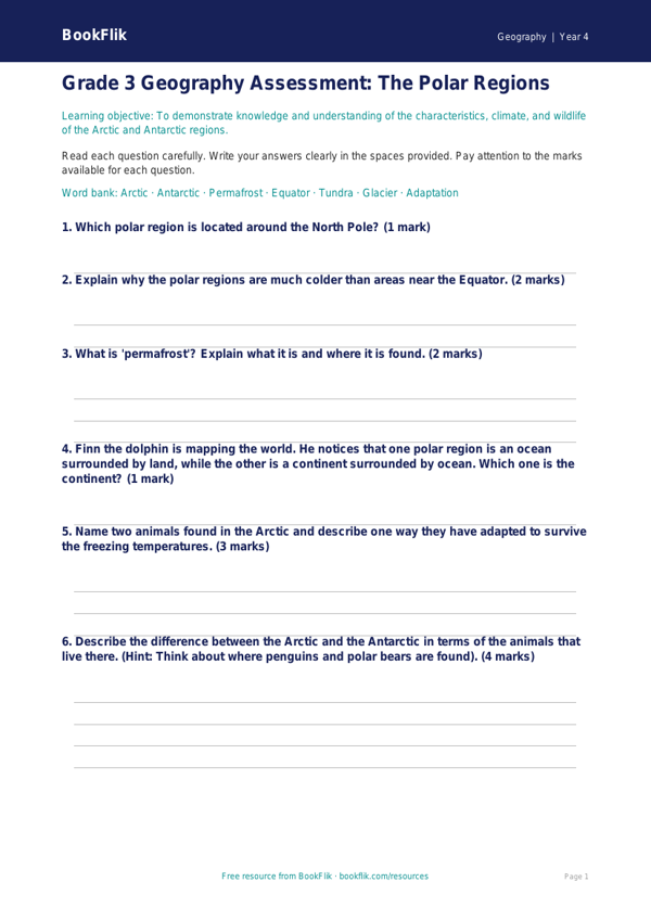 Free Polar Regions Assessment | Grade 3 | Geography | BookFlik worksheet preview — Geography Polar Regions