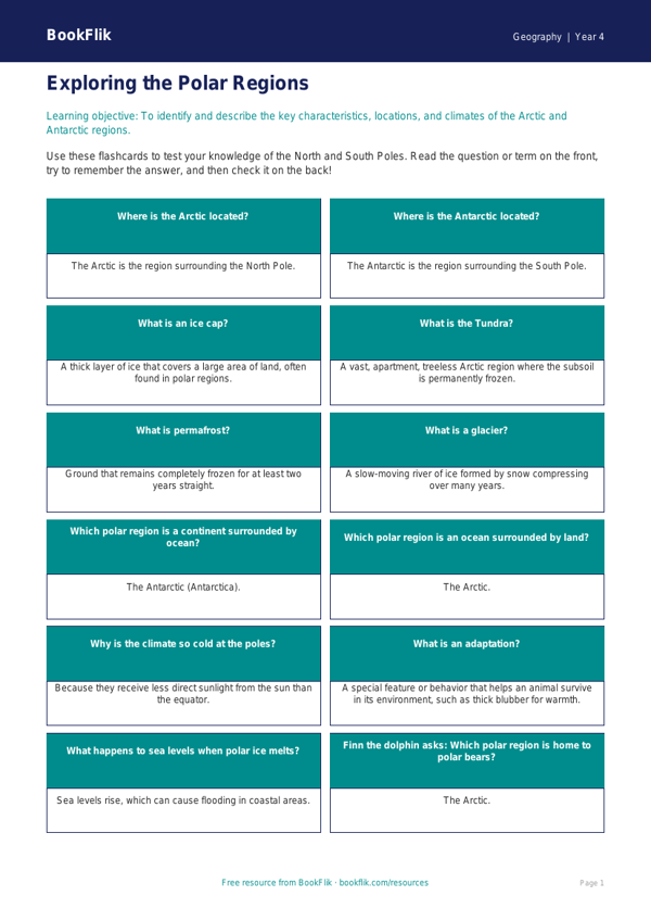 Free Polar Regions Flashcards | Grade 3 | Geography | BookFlik worksheet preview — Geography Polar Regions