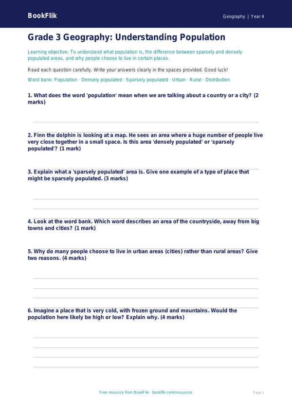 Geography population assessment grade 3 core worksheet preview — Geography Population