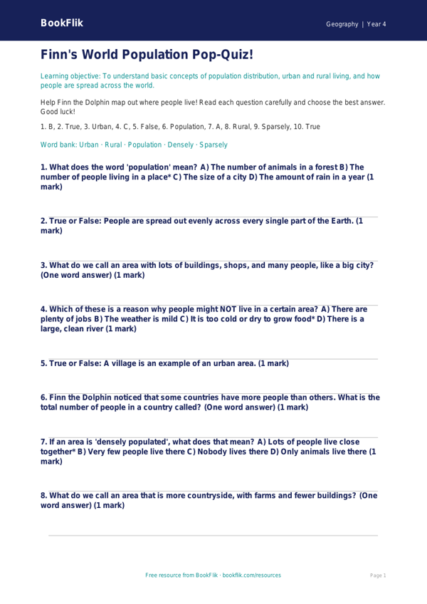 Free Population Quiz | Grade 3 | Geography | BookFlik worksheet preview — Geography Population