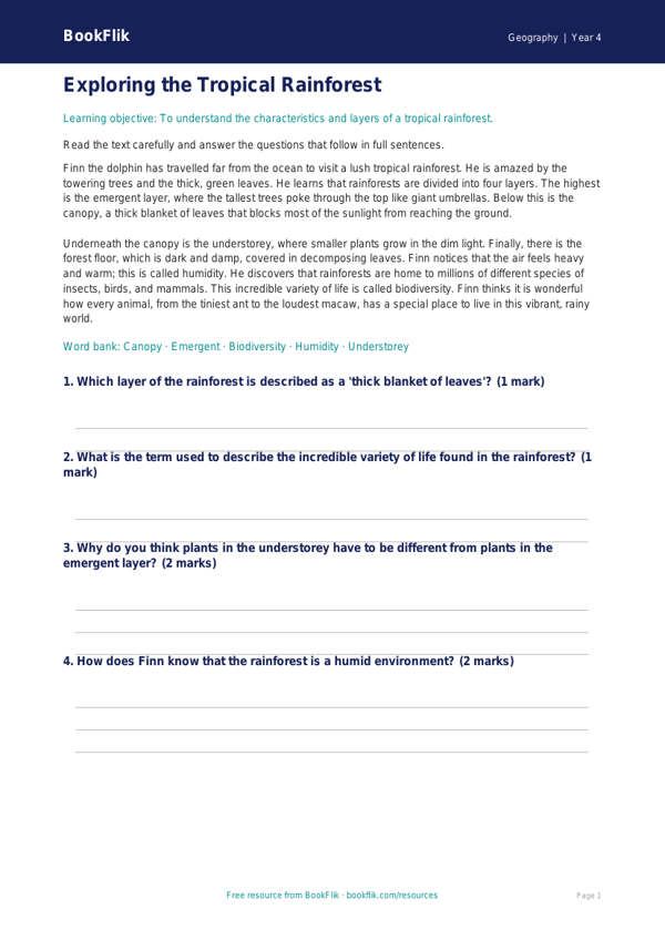 Free Rainforests Comprehension | Grade 3 | Geography | BookFlik worksheet preview — Geography Rainforests