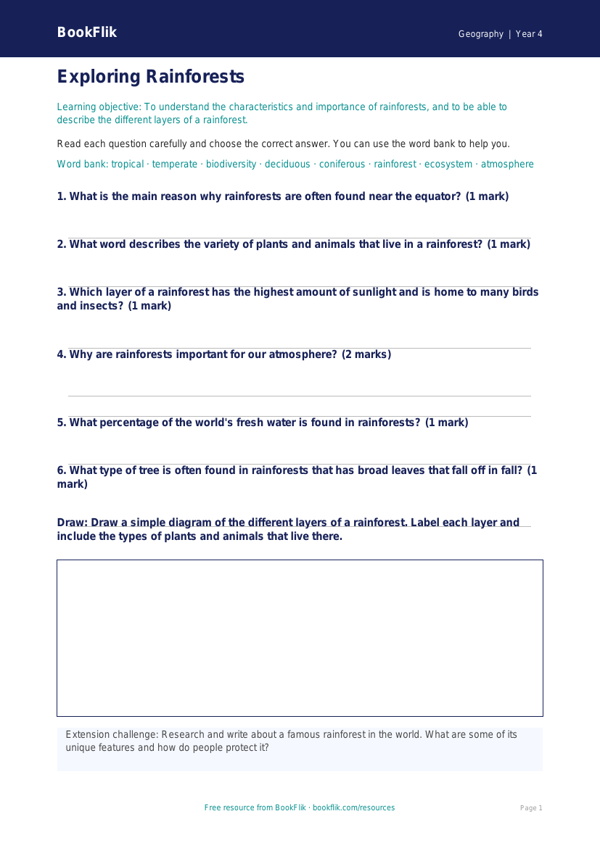 Free Rainforests Worksheet | Grade 3 | Geography | BookFlik worksheet preview — Geography Rainforests