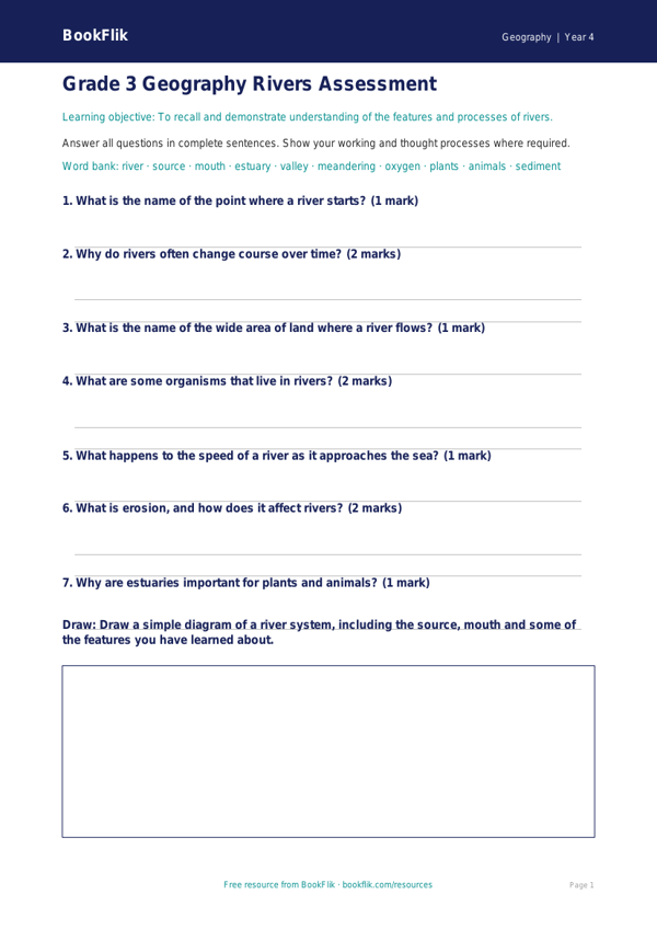Free Rivers Assessment | Grade 3 | Geography | BookFlik worksheet preview — Geography Rivers