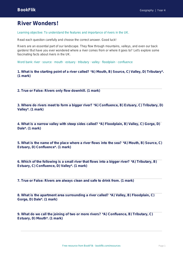 Free Rivers Quiz | Grade 3 | Geography | BookFlik worksheet preview — Geography Rivers