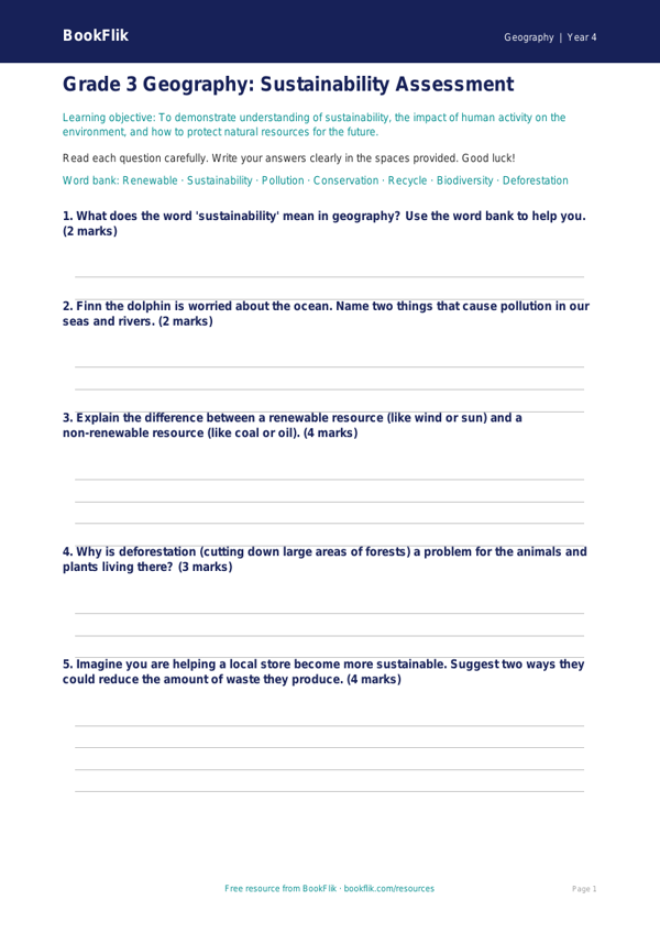 Free Sustainability Assessment | Grade 3 | Geography | BookFlik worksheet preview — Geography Sustainability