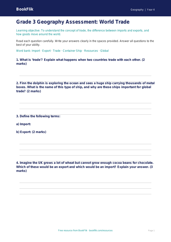 Free Trade Assessment | Grade 3 | Geography | BookFlik worksheet preview — Geography Trade