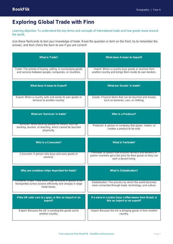 Free Trade Flashcards | Grade 3 | Geography | BookFlik worksheet preview — Geography Trade