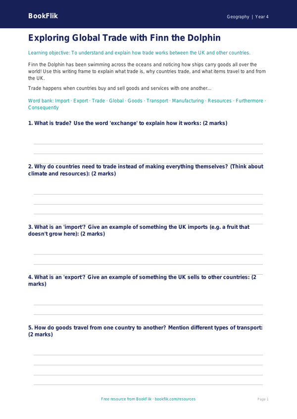 Free Trade Writing Frame | Grade 3 | Geography | BookFlik worksheet preview — Geography Trade