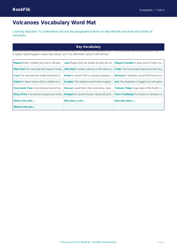 Free Volcanoes Word Mat | Grade 3 | Geography | BookFlik worksheet preview — Geography Volcanoes