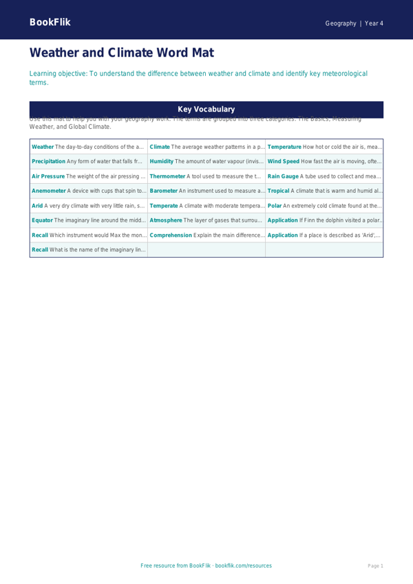 Free Weather And Climate Word Mat | Grade 3 | Geography | BookFlik worksheet preview — Geography Weather And Climate