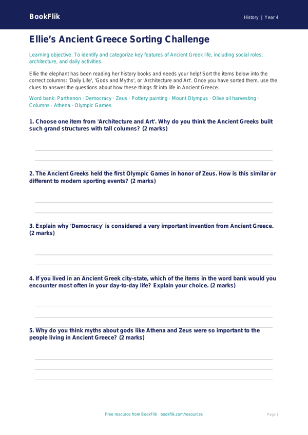 Free Ancient Greece Activity Sheet | Grade 3 | History | BookFlik worksheet preview — History Ancient Greece