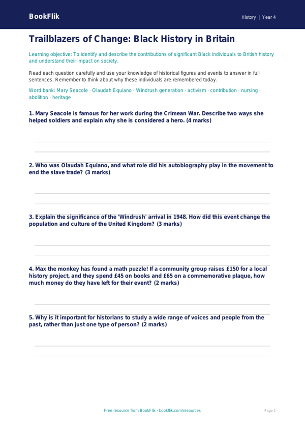 Free Black History Worksheet | Grade 3 | History | BookFlik worksheet preview — History Black History