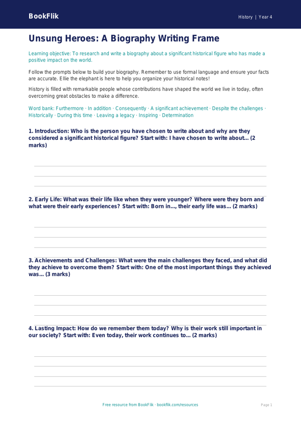 Free Black History Writing Frame | Grade 3 | History | BookFlik worksheet preview — History Black History