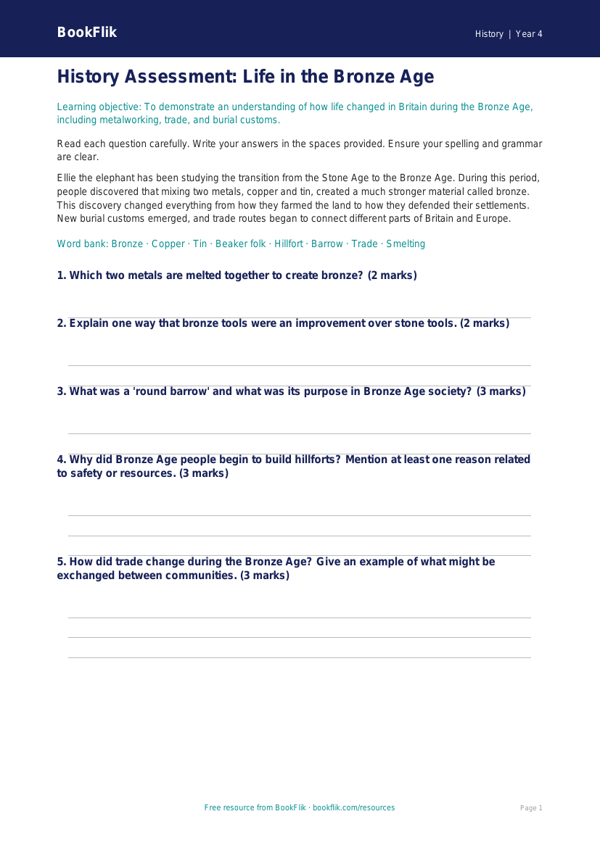 Free Bronze Age Assessment | Grade 3 | History | BookFlik worksheet preview — History Bronze Age