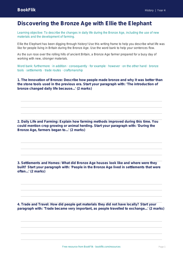 Free Bronze Age Writing Frame | Grade 3 | History | BookFlik worksheet preview — History Bronze Age