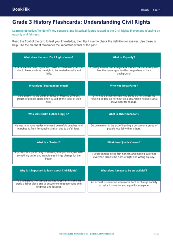 Free Civil Rights Flashcards | Grade 3 | History | BookFlik worksheet preview — History Civil Rights