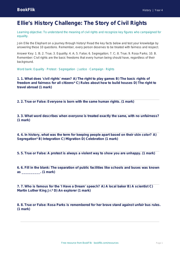 Free Civil Rights Quiz | Grade 3 | History | BookFlik worksheet preview — History Civil Rights