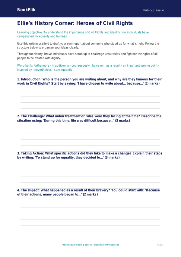 Free Civil Rights Writing Frame | Grade 3 | History | BookFlik worksheet preview — History Civil Rights