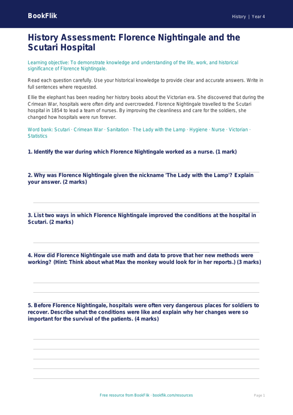 Free Florence Nightingale Assessment | Grade 3 | History | BookFlik worksheet preview — History Florence Nightingale