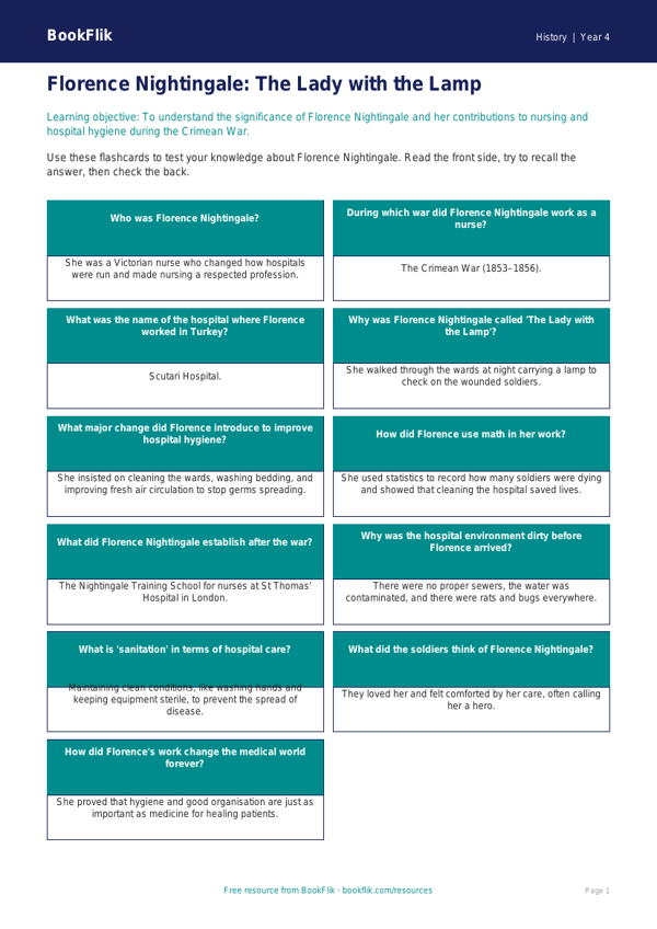 Free Florence Nightingale Flashcards | Grade 3 | History | BookFlik worksheet preview — History Florence Nightingale