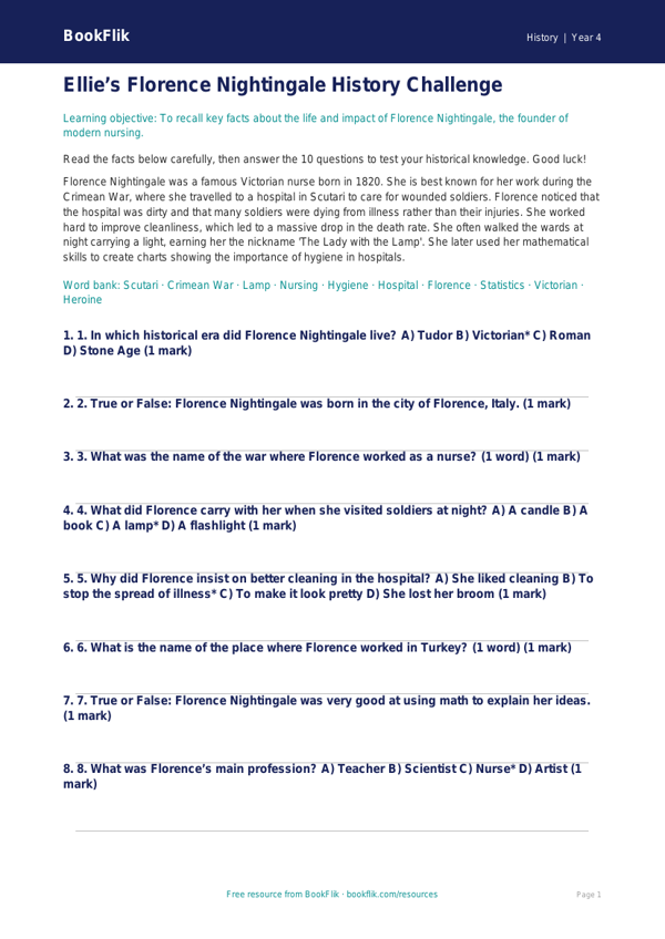 Free Florence Nightingale Quiz | Grade 3 | History | BookFlik worksheet preview — History Florence Nightingale