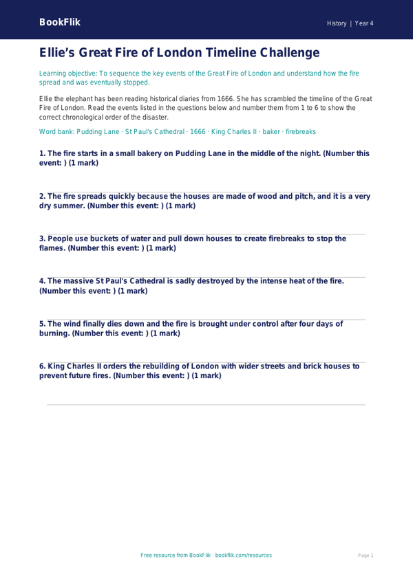 Great Fire of London Activity Sheet | Grade 3 History | BookFlik worksheet preview — History Great Fire Of London