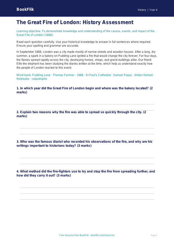 History great fire of london assessment grade 3 core worksheet preview — History Great Fire Of London