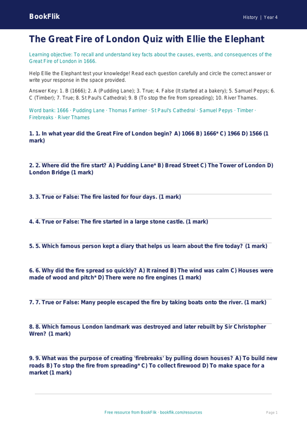 Great Fire of London Quiz for Grade 3 | History Lesson | BookFlik worksheet preview — History Great Fire Of London