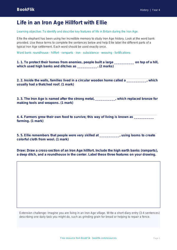 Free Iron Age Activity Sheet | Grade 3 | History | BookFlik worksheet preview — History Iron Age