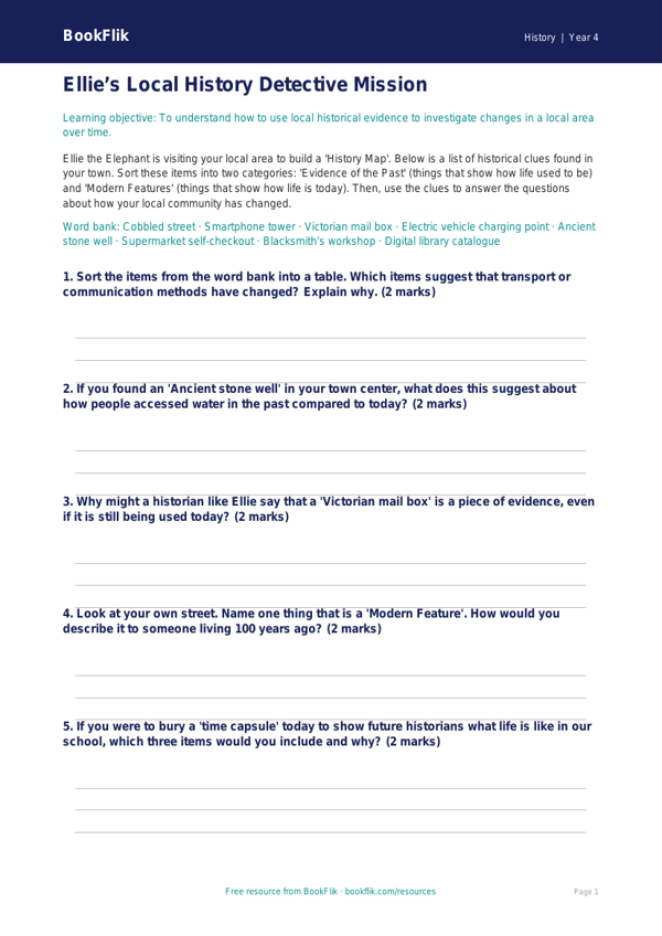 Free Local History Activity Sheet | Grade 3 | History | BookFlik worksheet preview — History Local History