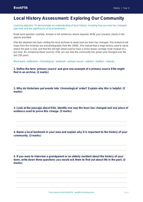 Free Local History Assessment | Grade 3 | History | BookFlik worksheet preview — History Local History