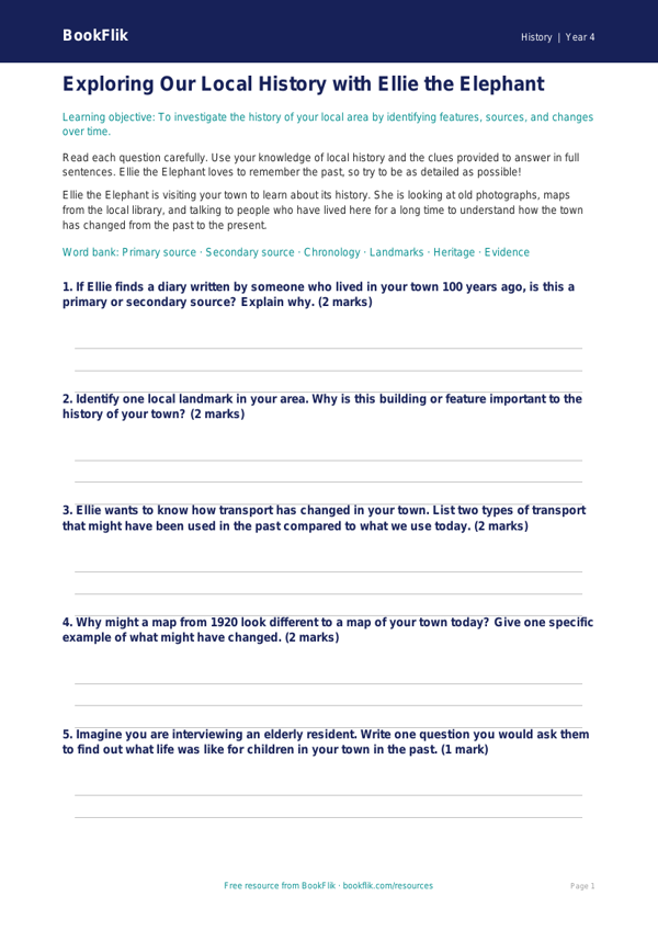 Free Local History Worksheet | Grade 3 | History | BookFlik worksheet preview — History Local History