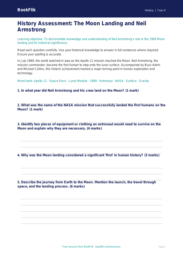 Free Neil Armstrong Assessment | Grade 3 | History | BookFlik worksheet preview — History Neil Armstrong
