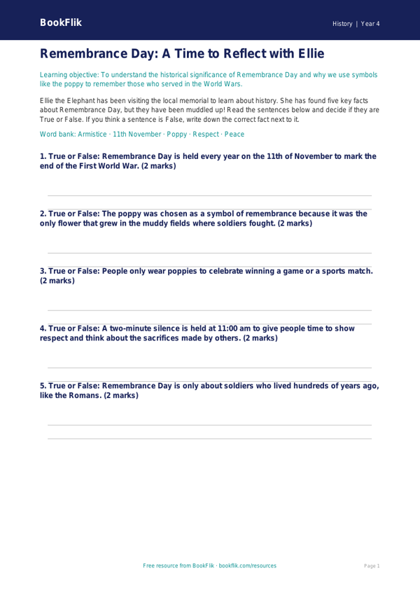 Free Remembrance Day Activity Sheet | Grade 3 | History | BookFlik worksheet preview — History Remembrance Day