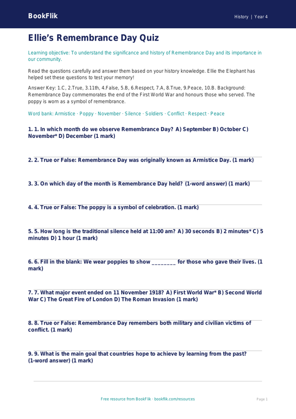 Free Remembrance Day Quiz | Grade 3 | History | BookFlik worksheet preview — History Remembrance Day