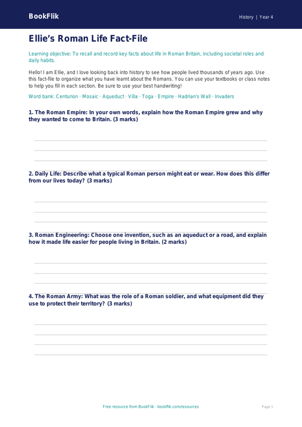 Free Romans Template | Grade 3 | History | BookFlik worksheet preview — History Romans