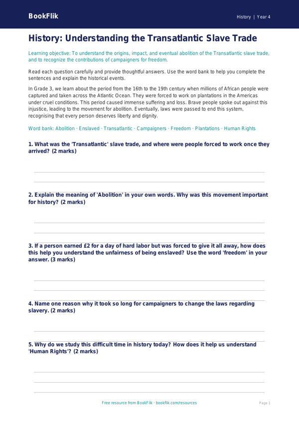 Free Slavery Worksheet | Grade 3 | History | BookFlik worksheet preview — History Slavery