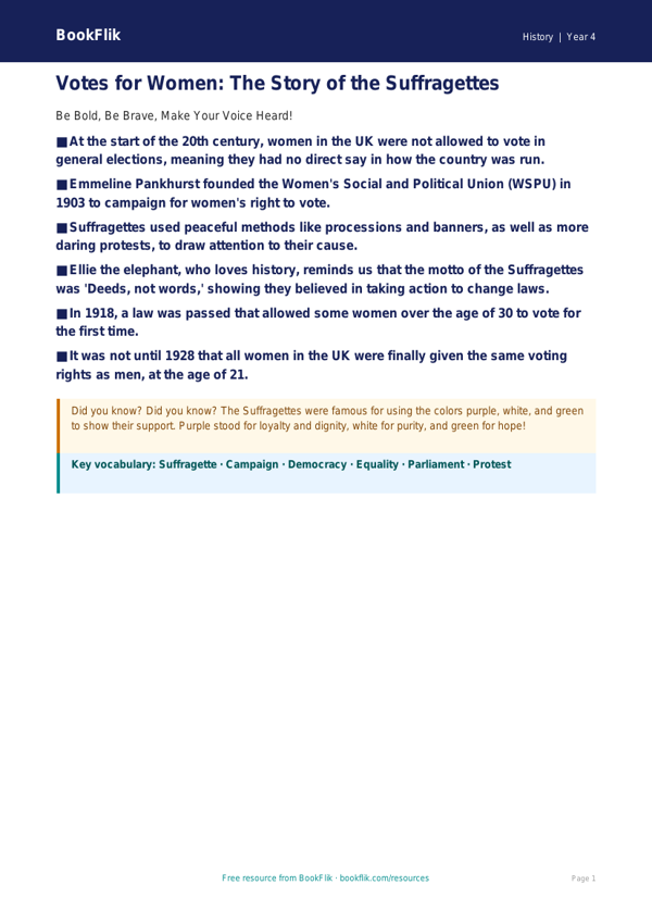 Free Suffragettes Poster | Grade 3 | History | BookFlik worksheet preview — History Suffragettes