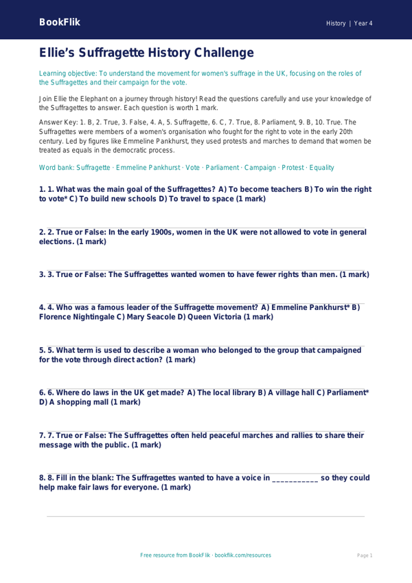 Free Suffragettes Quiz | Grade 3 | History | BookFlik worksheet preview — History Suffragettes