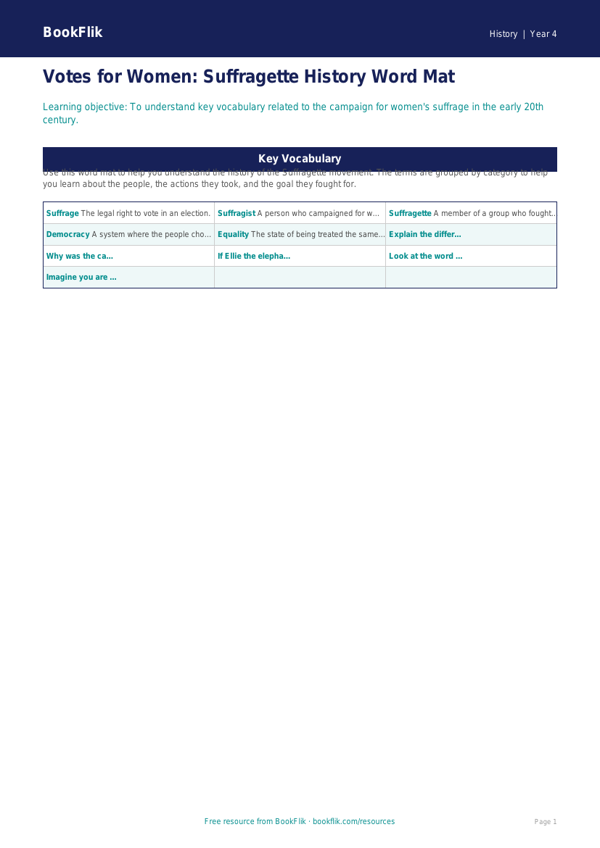 Free Suffragettes Word Mat | Grade 3 | History | BookFlik worksheet preview — History Suffragettes