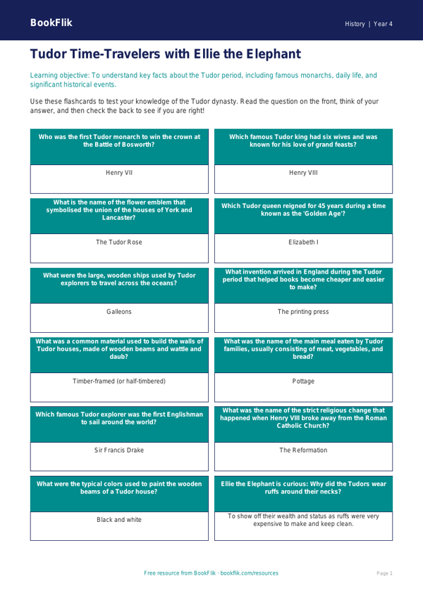 Free Tudors Flashcards | Grade 3 | History | BookFlik worksheet preview — History Tudors
