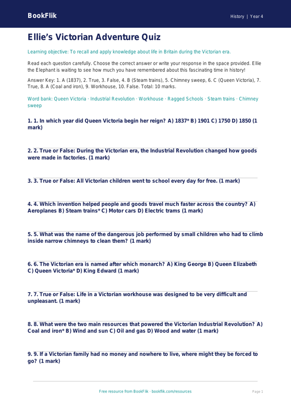 Free Victorians Quiz | Grade 3 | History | BookFlik worksheet preview — History Victorians
