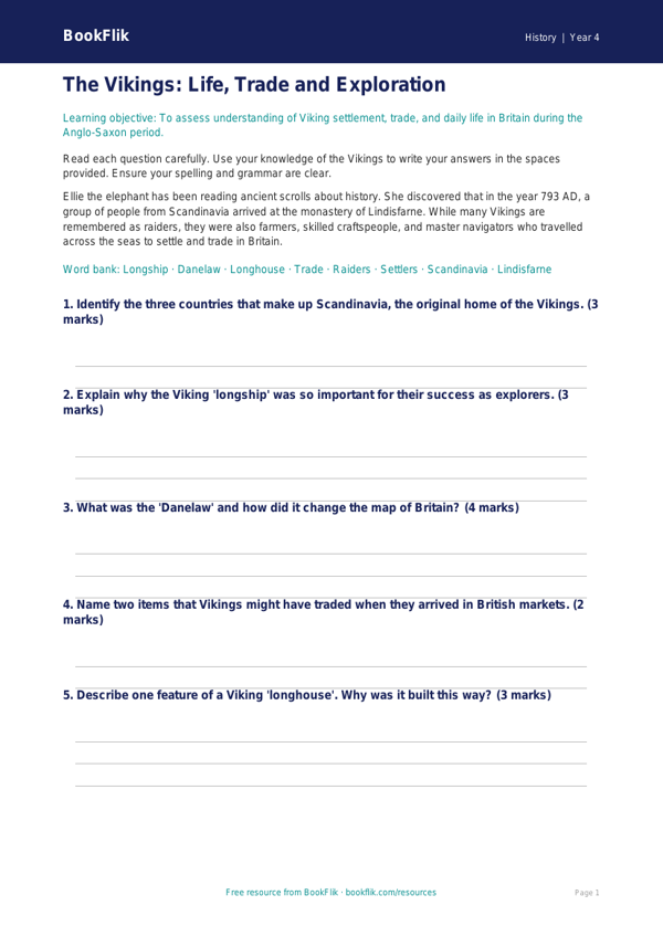 Free Vikings Assessment | Grade 3 | History | BookFlik worksheet preview — History Vikings