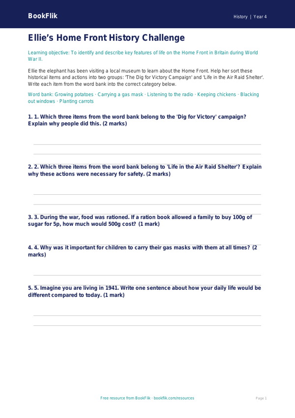 Free WW2 Activity Sheet | Grade 3 | History | BookFlik worksheet preview — History Ww2