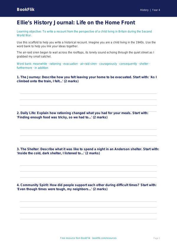 Free WW2 Writing Frame | Grade 3 | History | BookFlik worksheet preview — History Ww2