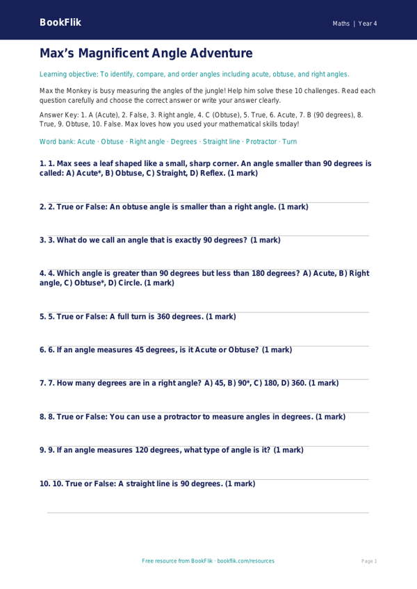 Free Angles Quiz | Grade 3 | Math | BookFlik worksheet preview — Maths Angles